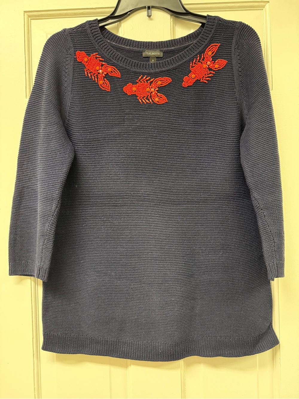 Talbots Navy Crewneck Sweater with Red Lobster Embroidery